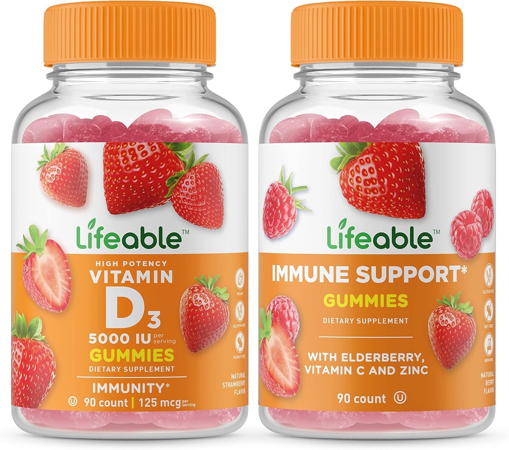 Lifeable 비타민 D 5000 IU + 면역 지원, Gummies 번들 - 훌륭한 타스팅, 비타민 보충, 글루텐 무료, GMO 무료, Chewable Gummy