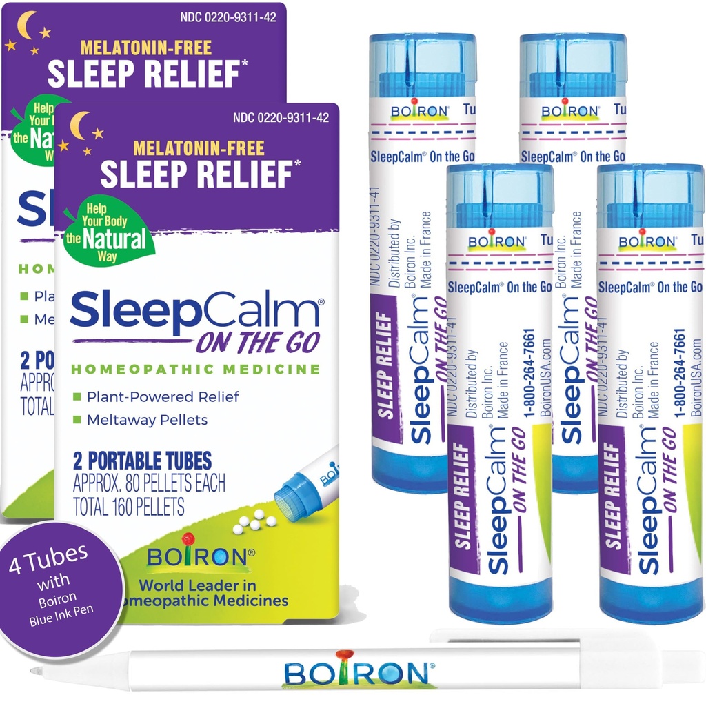 Boiron SleepCalm On The Go Sleep Aid for Deep, Relaxing, Restful Nighttime Sleep - Melatonin-Free 및 Non Habit-Forming - 80 Count per Tube - 4 Tubes with Blue Pen