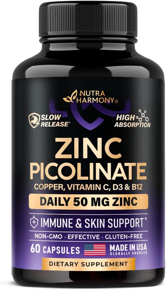 아연 Picolinate 50mg - 구리, 비타민 D3 및 B12 아연 보충 - Stomach Friendly | 느린 방출 - 면역 지원 & 피부 건강 - BioPerine & 비타민 C - 60 캡슐을 가진 높은 흡수