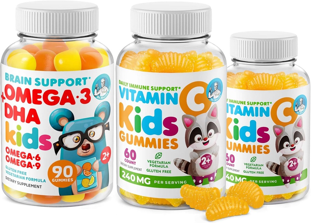 Omega-3 DHA Gummies & Vitamin C Gummies for Kids & Adults - 면역 지원, 저수지, 젤라틴 - 무료, 채식주의, 유아를위한 유성 비타민