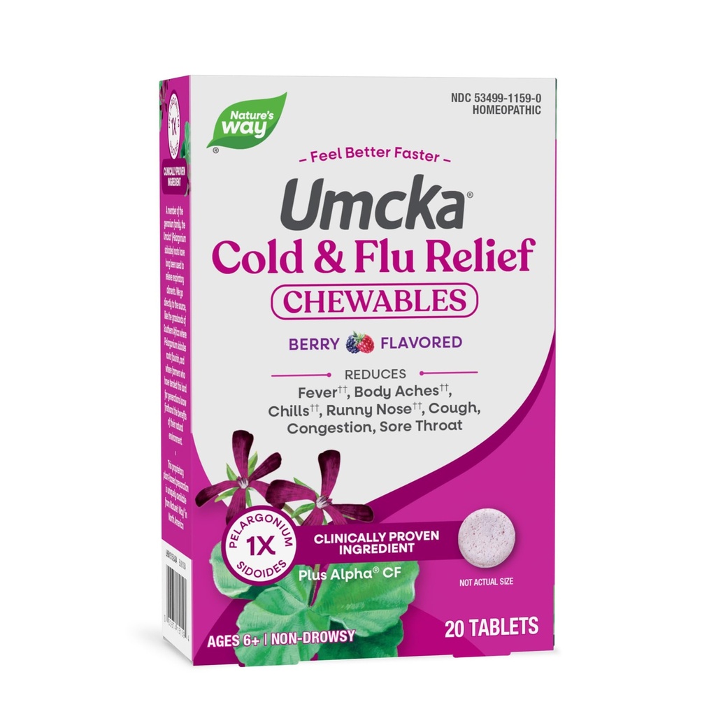 Nature's Way Cold+Flu Relief, Umcka, Shortens Period and Reduces Severity, Multi-Symptom Relief, Homeopathic, Phenylephrine Free, Non-Drowsy, Berry flavored, 20 Chewable Tablets (패키지 May Vary)