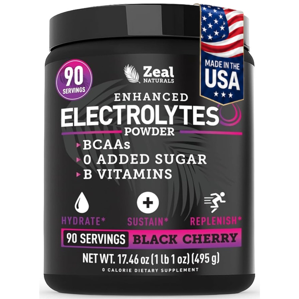 Zeal Naturals Electrolyte Powder Recovery 음료 (90 인분 | 블랙 체리) w 0 Sugar +BCAAs +B-Vitamins Electrolyte Supplement w 칼륨 아연 및 마그네슘 하이드로 션 - Keto Electrolytes