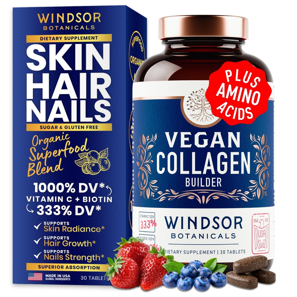 여성과 남성 보충제를위한 Vegan Collagen - 비타민 C, Biotin, Amino Acids Glycine, Lysine, Proline, 유기 과일 및 야채 분말 - 하루에 한 번 - 30 식물 기반 Collagen Boost 정제