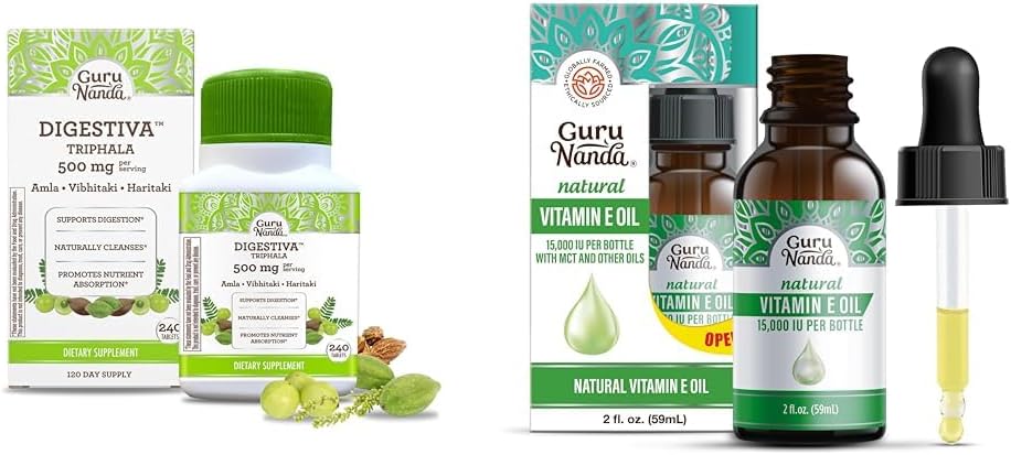 GuruNanda Digestiva Triphala (240 정제) & 비타민 E 기름 (2 Fl Oz) - 소화를 지원하고, Amla, Haritaki & Bibhitaki를 가진 규정식 보충교재를 가진 도움