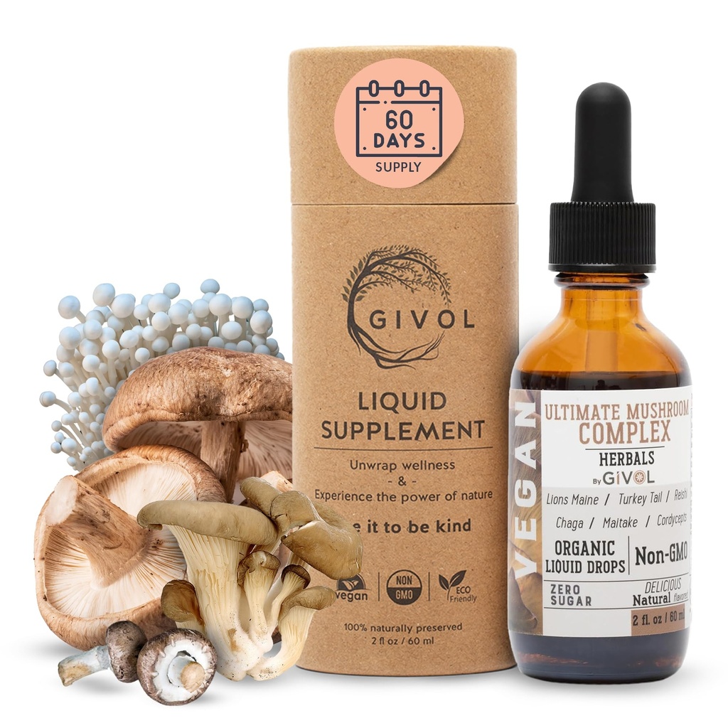 Ultimate Immune Mushroom Complex Liquid Drops : 향상된 성능 및 에너지, 신선한 사자 Mane, Reishi, Chaga Extracts, 비타민, 60 일 공급을위한 동적 초본 혼합