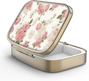 Pill Case Pill Box with Mirror Retro 2 Compartment Purse 또는 포켓 청동 직사각형 알약 상자 또는 비타민, 생선 기름, 보충제, Pill Containe 여행 선물 (리트로 핑크 꽃)