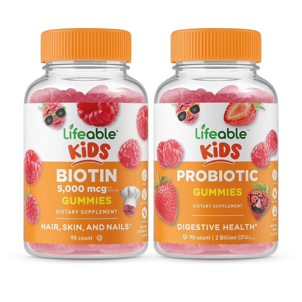 Lifeable Biotin Kids + Probiotic 2 억 CFU Kids, Gummies 번들 - 훌륭한 타스팅, 비타민 보충, 글루텐 무료, GMO 무료, Chewable Gummy