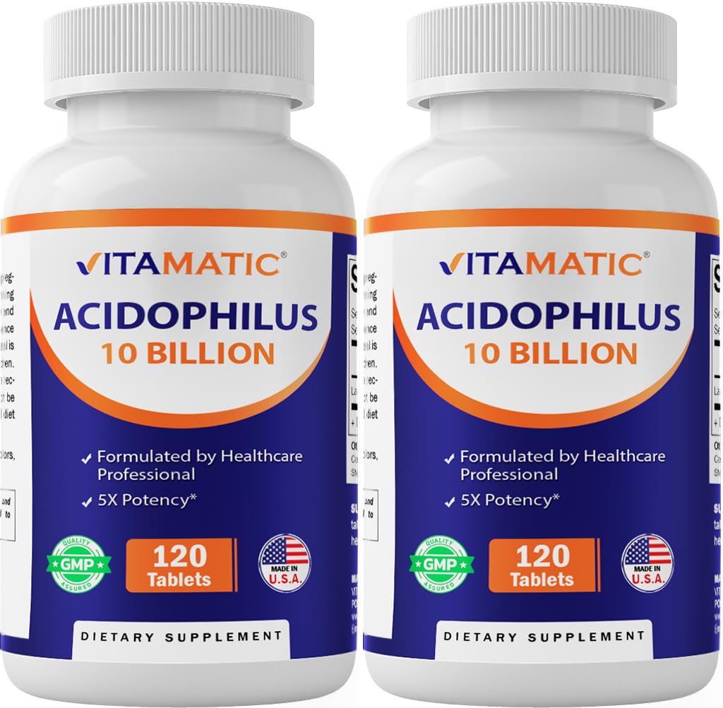 Vitamatic 2 팩 Acidophilus Probiotic - 10 억 CFU - 120 정제 - 5X 효능 - 매일 Probiotic 보충, 소화 건강 지원 (총 240 정제)