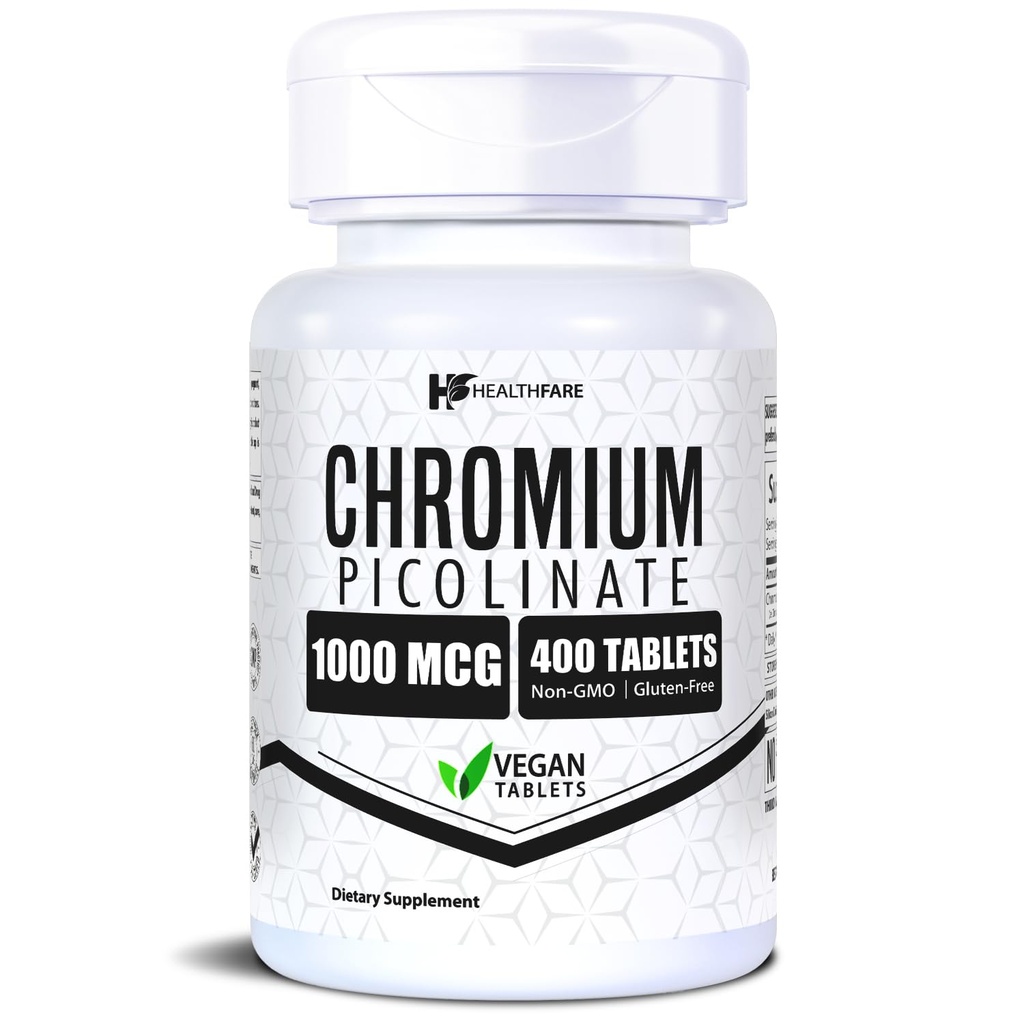 HealthFare Chromium Picolinate 1000mcg | 400 Vegan 정제 | 높은 흡수 미네랄 보충 | 건강한 설탕 대사 및 영양 흡수 지원 | Non-GMO, 글루텐 프리 | 미국제