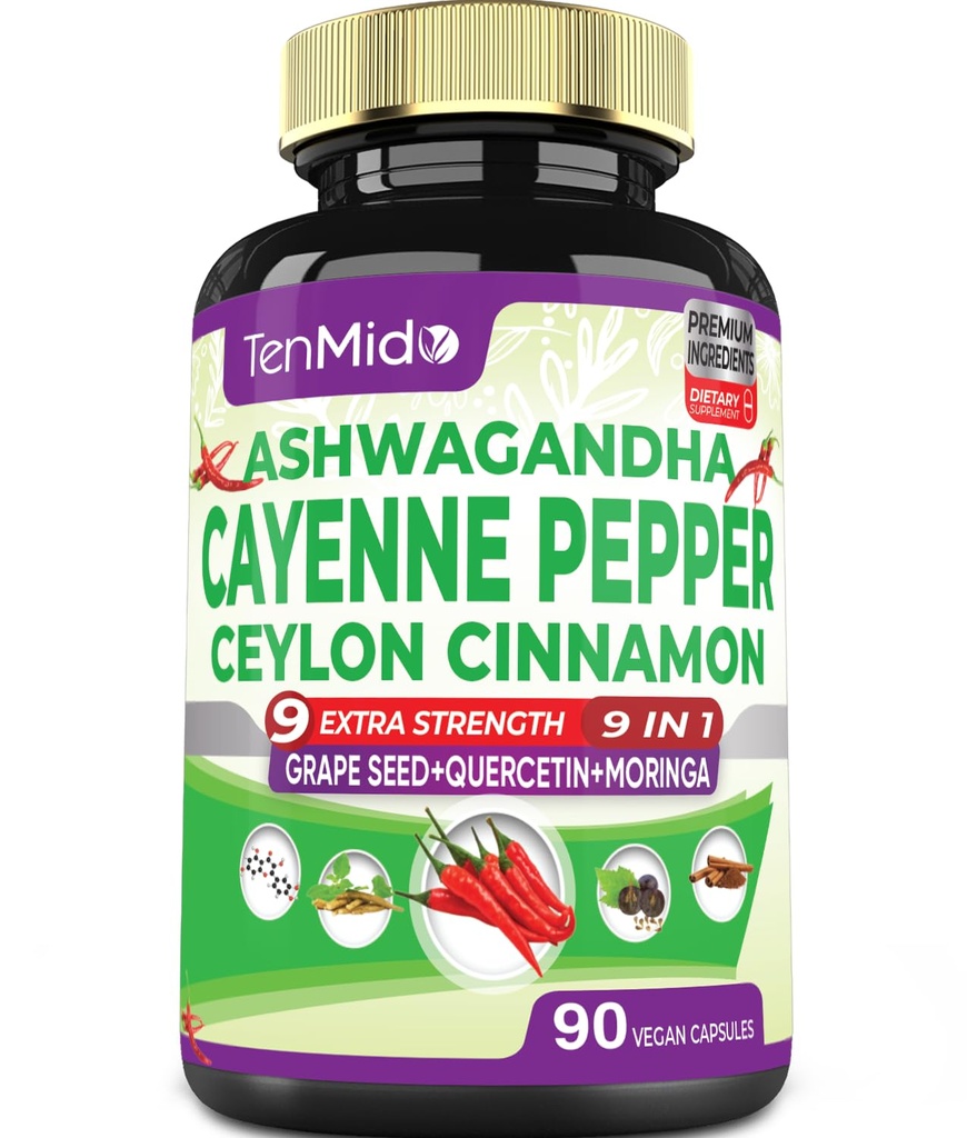 카이엔 페퍼는 캡슐, 3 달 공급 & Ashwagandha, Ceylon Cinnamon, 포도씨, Quercetin, Moringa, Ginkgo Biloba를 보충합니다 - 심장 웰니스는, 소화 건강 -90 모자를 승진시킵니다