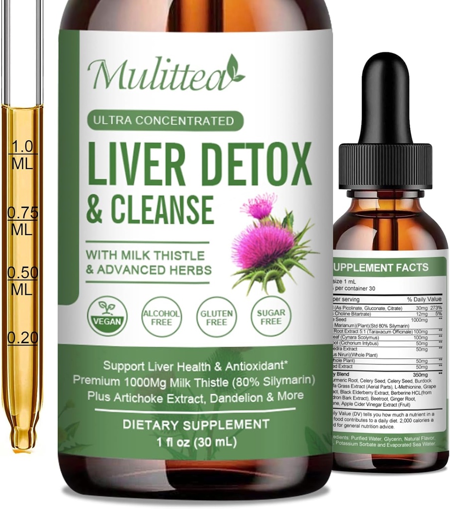 Liver Health Liquid Drops -Support Liver Cleanse Detox & Repair with Artichoke Milk Thistle Silymarin Extract, Dandelion, Turmeric, Berberine to Renew w/21 Potent Herb-Nutrients-