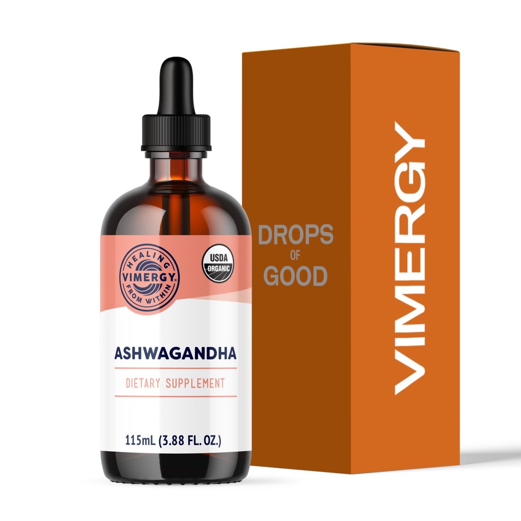 Vimergy USDA 유기 Ashwagandha 액체 추출 물, 57 서빙 –Stress Supplement Drops – Adaptogen - 지원 Cognitive 기능 – 수면 지원 – 알코올 무료, 비 GMO, Vegan & Paleo 친절한 (115 ml)