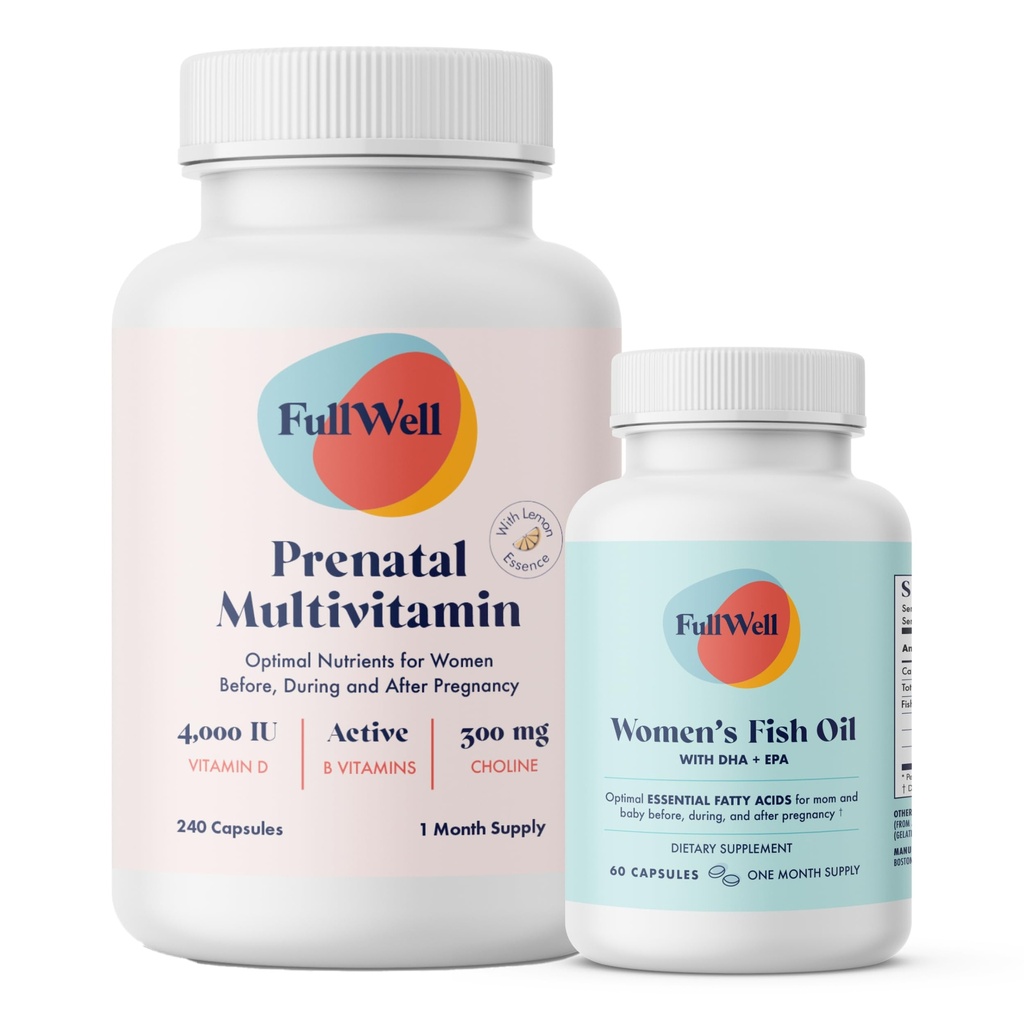 FullWell Prenatal Vitamin Lemon + DHA | 뇌 발달 및 신경 시스템 지원을위한 오메가 3 생선 기름 | 26+ Vital Nutrients | 다이어트, 제 3 자 테스트, 30 서빙