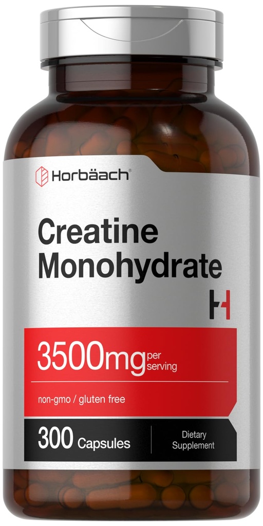 Horbäach Creatine Monohydrate 캡슐 | 3500mg | 300 개 | 비 GMO 및 글루텐 무료 보충