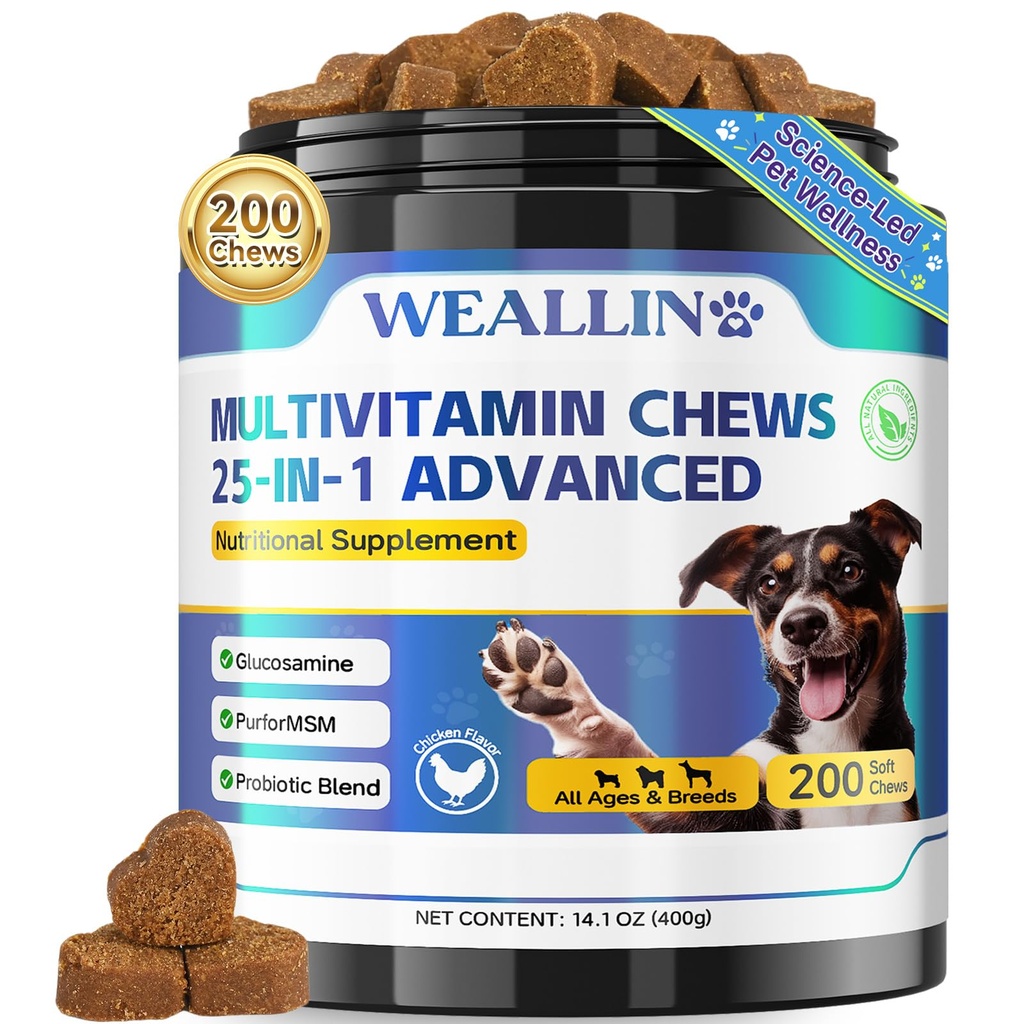 개 비타민 - 25-in-1 개 비타민과 보충제 Glucosamine Probiotics Omega-3 Puppy Multivitamin는 코트, 하트, HIPS 및 관절, 소화 및 면역 체계 200pcs를 위해 Chewable