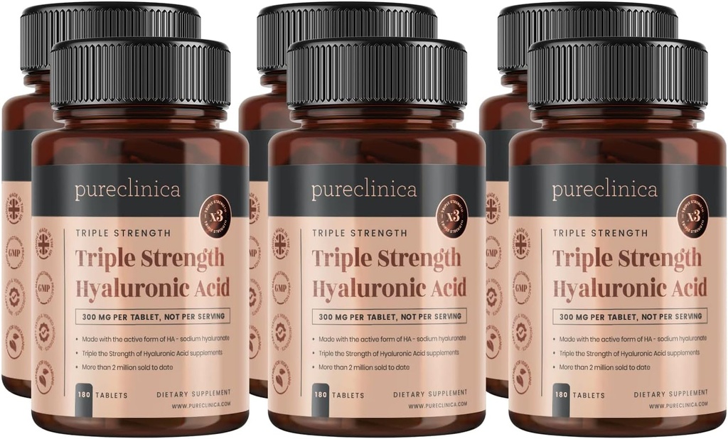 Pureclinica Hyaluronic 산 300mg x 1080의 정제 (6개의 병 180의 정제 - 3 년 공급). 세 배 힘 Hyaluronic 산. 다른 어떤 HLA 정제 보다는 더 강한 300%