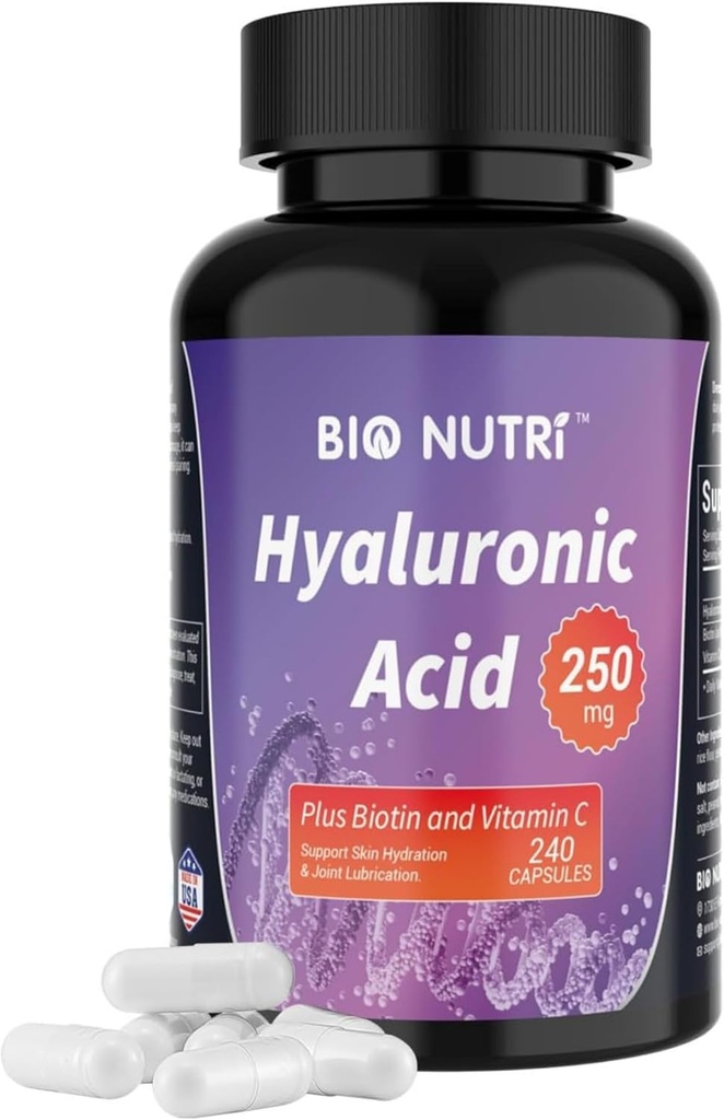 BIO NUTRI Hyaluronic 산은 250mg를 보충합니다|Biotin 5000mcg & 비타민 C 25mg와 더불어 240의 캡슐 - 피부, 머리 & 합동 3 in1 지원