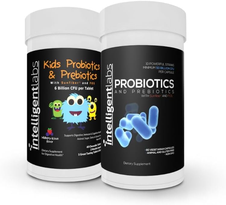 아이 Probiotics의 2 묶음 지능형 연구소 (Sunfiber 및 FOS가있는 6 억 CFU) + 성인 프로바이오틱스 (50 억 CFU, 10 Strains), 냉동 필요 없음, 병 당 2 개월 공급