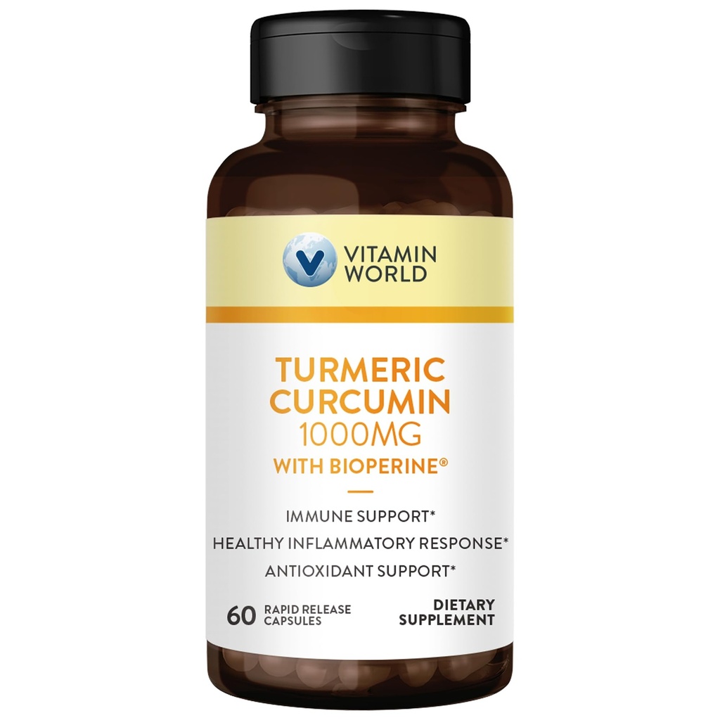 비타민 세계 심황 Curcumin 1000mg의 더 나은 흡수를 위한 BioPerine 까만 고추 추출물, 95% Curcuminoids, 항 산화제 & 합동 지원을 위한 심황 보충교재, 글루텐 자유로운, 60의 캡슐