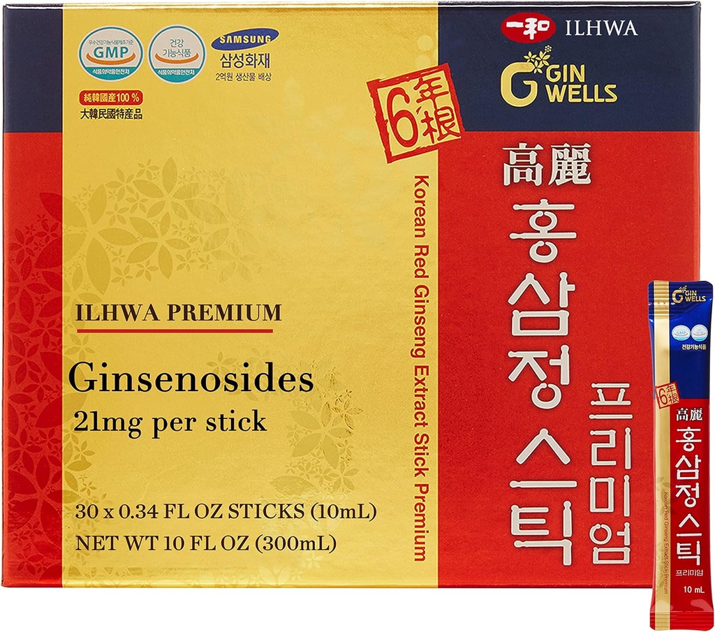 ILHWA 프리미엄 한국 레드 인삼 추출물 스틱 (0.34fl oz X 30 스틱) - Immunity. Ginsenoside 서빙 당 21 mg