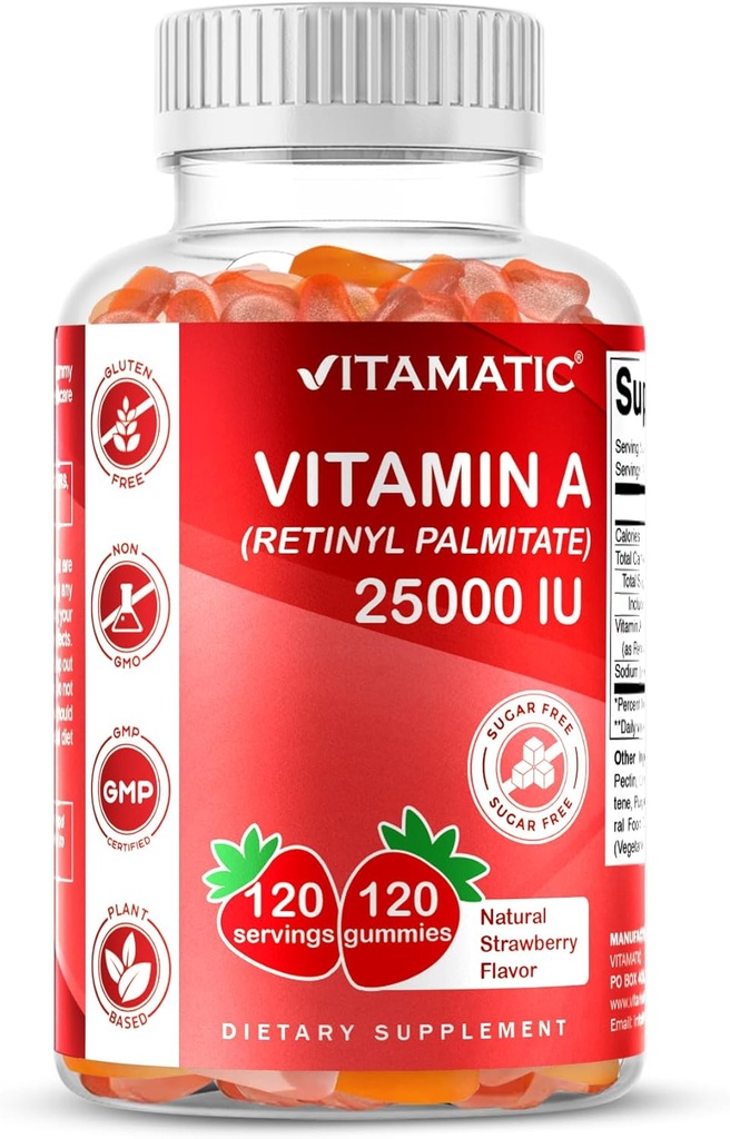 Vitamatic Sugar Free Vitamin A 25000 IU Gummies (Retinyl Palmitate) - 천연 딸기 풍미 - 120 Pectin 기반 구미 (3 병)