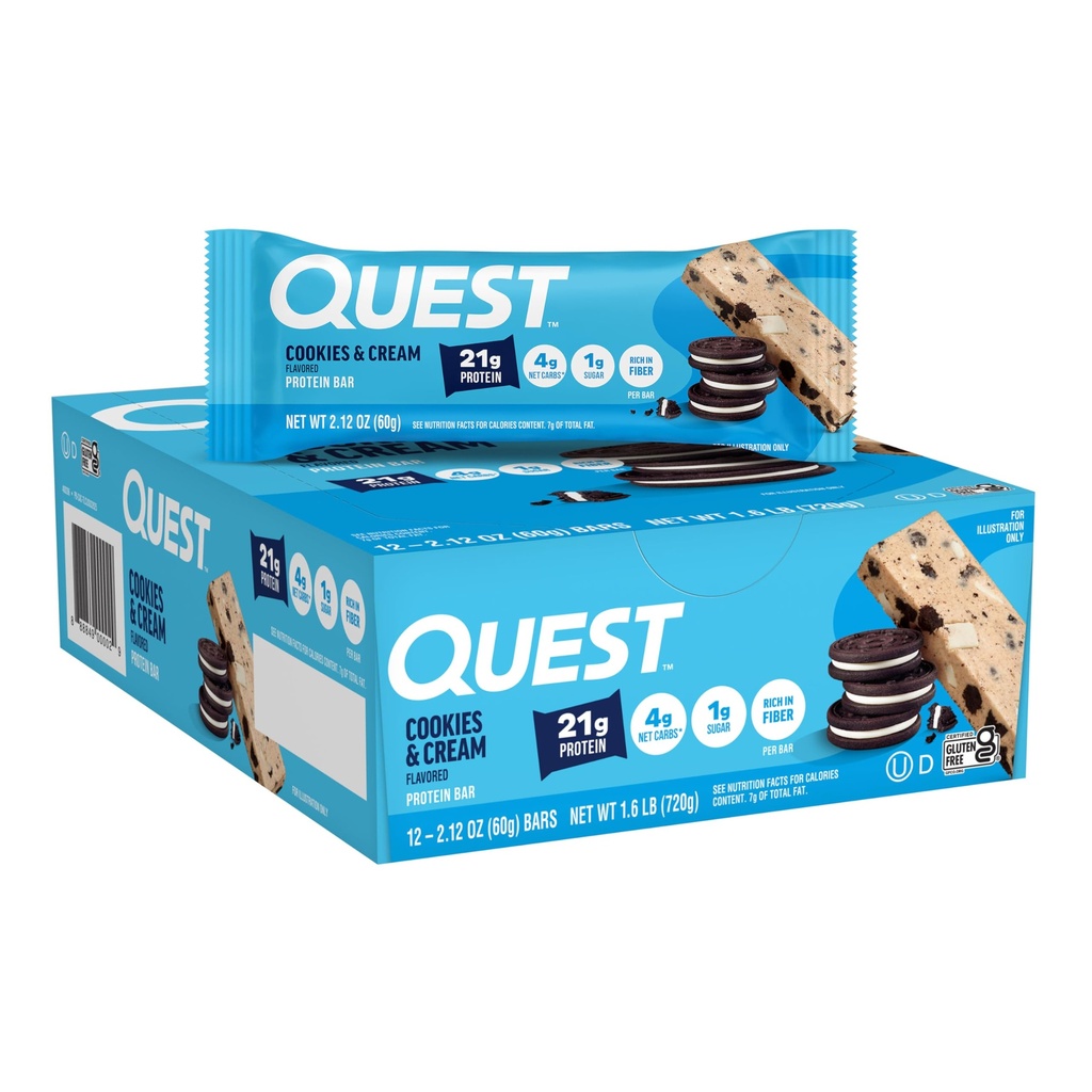 Quest Nutrition Cookies & Cream Protein Bar, 21g Protein, 1g Sugar, 4g Net Carb, Gluten Free, Keto Friendly, 12 개