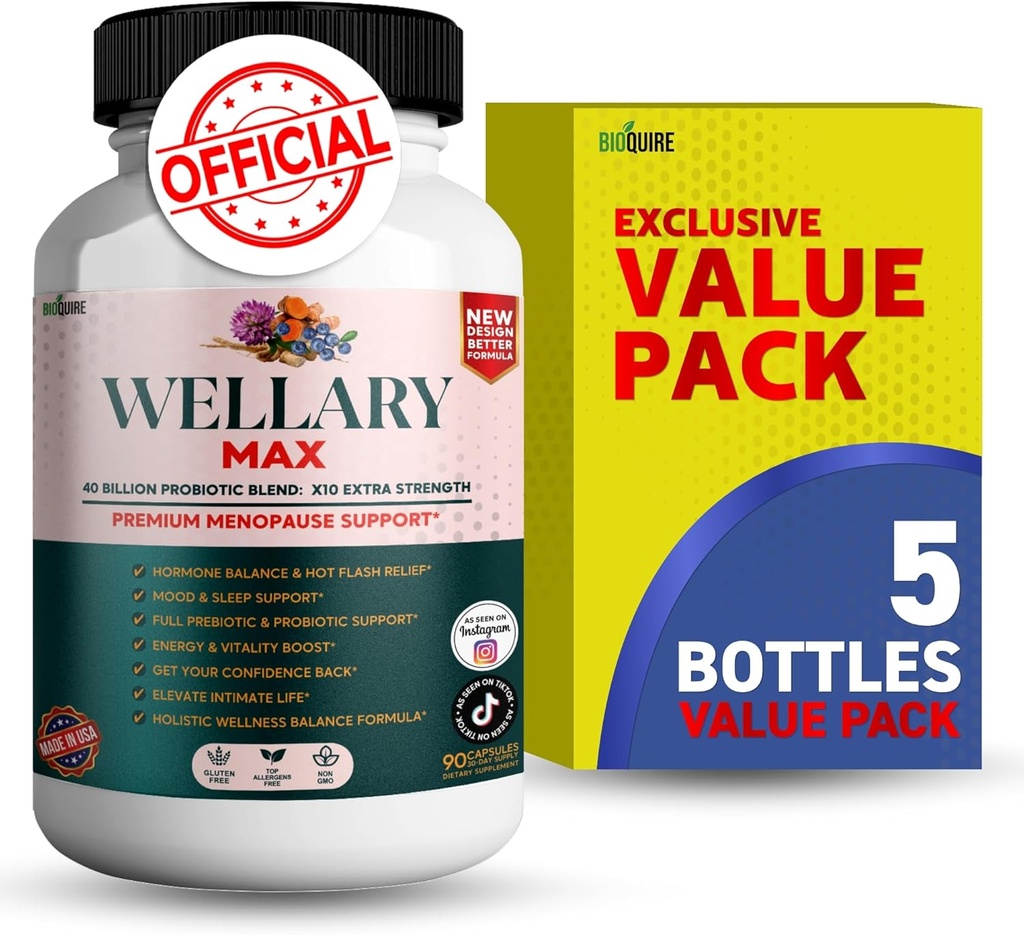 Wellary 최대 Menopause 지원 보충교재, 40 Billion CFU Probiotic 혼합, 90의 캡슐 (5)