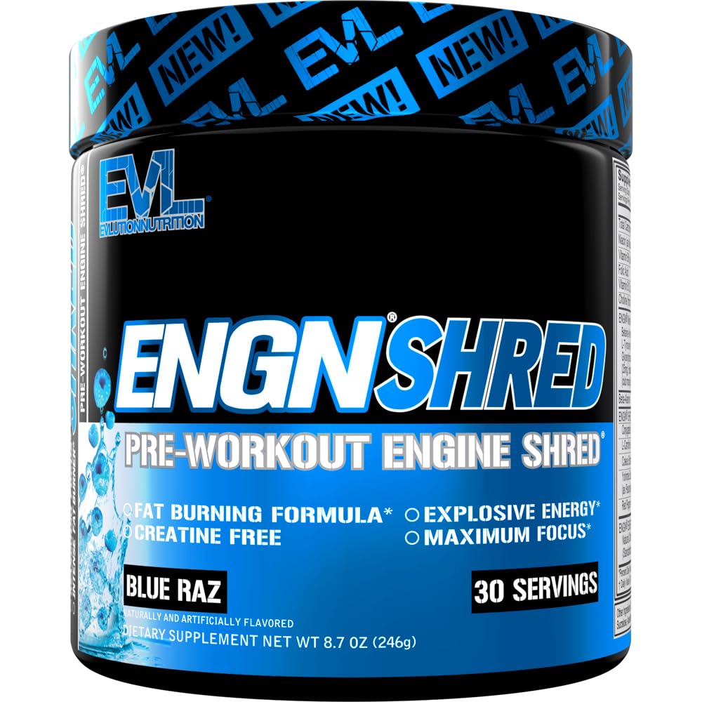EVL 궁극적 인 사전 운동 분말 - Thermogenic 뚱뚱한 화상 지원 운동 분말 음료 Lasting Energy Focus 및 Stamina - ENGN Shred Intense Creatine 무료 운동 음료 혼합 - Blue Raz