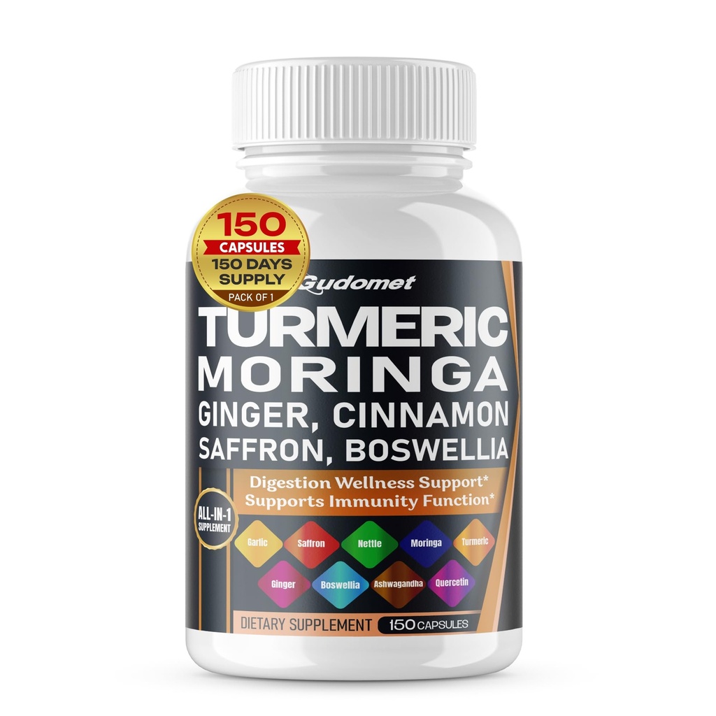 Turmeric Moringa Ginger Boswellia Quercetin Cinnamon Saffron Tart Cherry Odorless Garlic Nettle -150 캡슐 - 미국에서 만든
