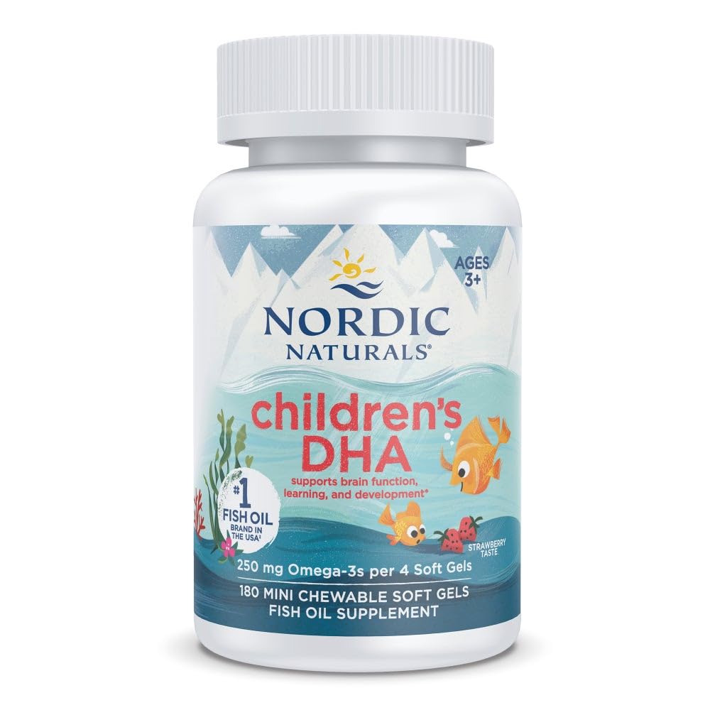 Nordic Naturals Children's DHA, Strawberry - 아이들을위한 180 미니 킬레이트 소프트 젤 - EPA 및 DHA 250 mg Omega-3 - 두뇌 개발 및 기능 - Non-GMO - 45 서빙