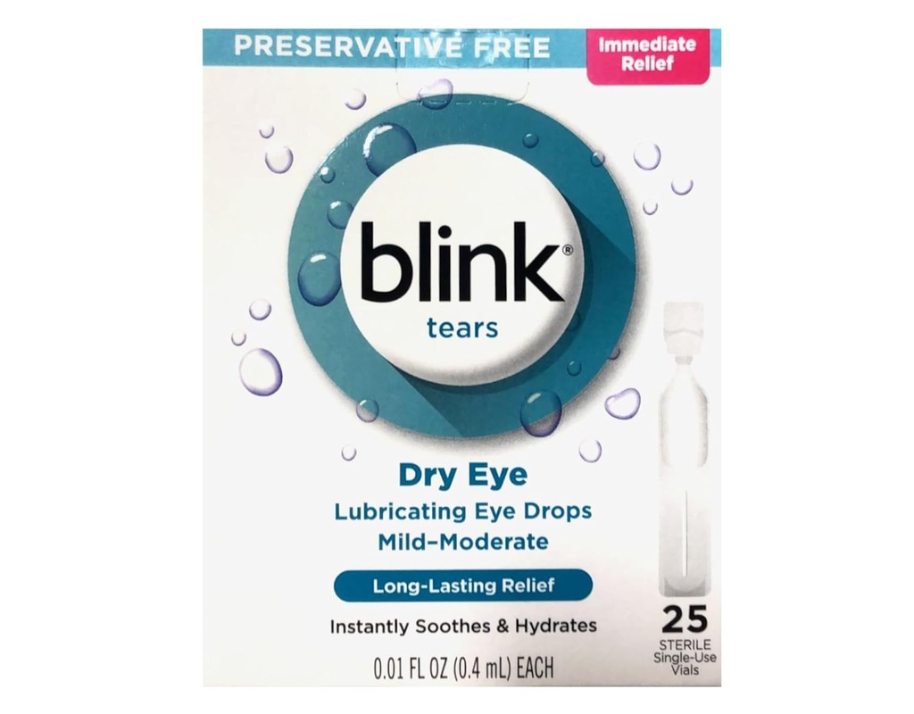 BLINK Tears Eye Drops for Dry Eye, Preservative Free Lubricating Eye Drops, Sterile Single Use Vials, Gentle Eye Care for Mild to Moderate Dry Eye Symptom Relief, 25 Count, 0.01 fl oz Vials