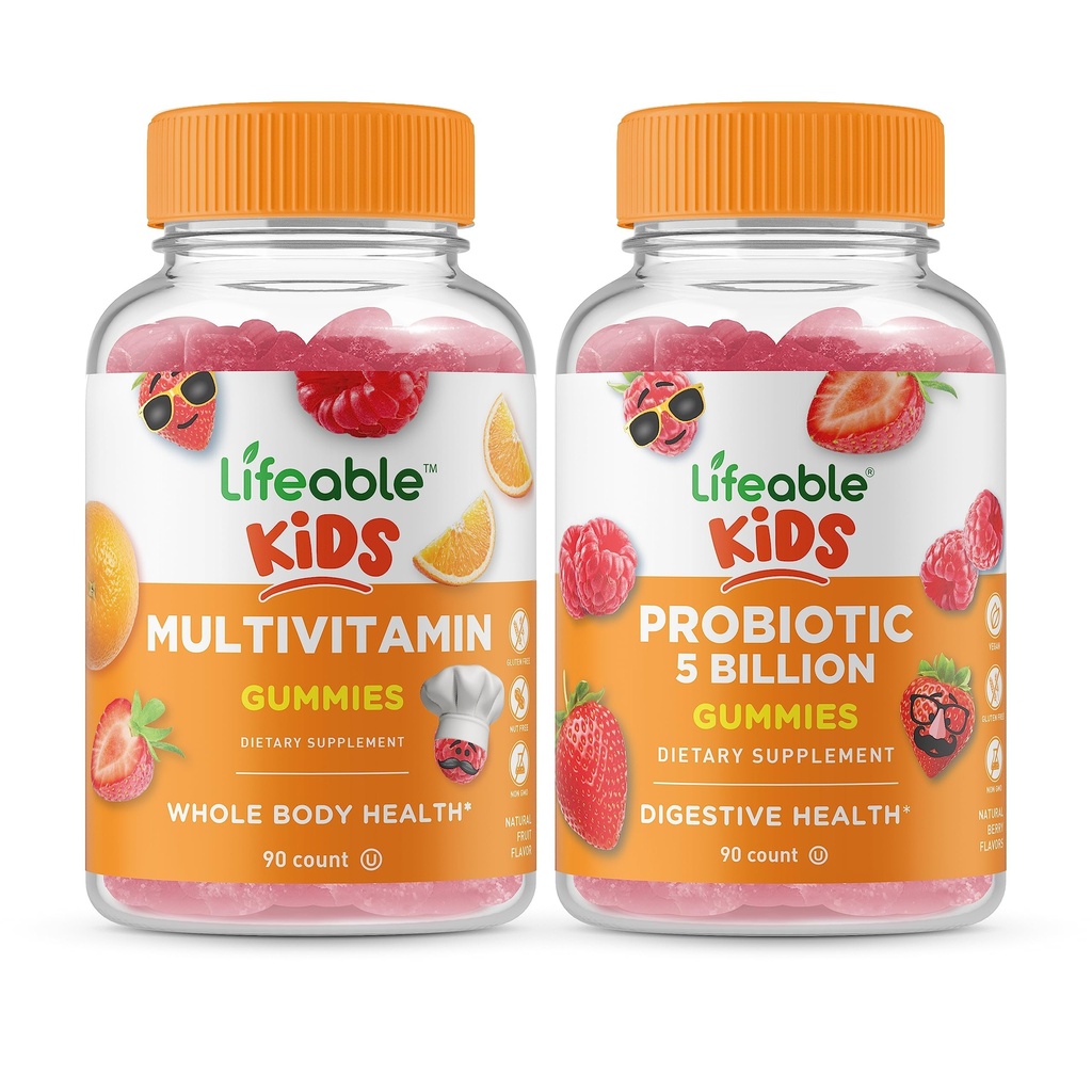Lifeable Multivitamin Kids + Probiotics 5 억 어린이, Gummies 번들 - 훌륭한 타스팅, 비타민 보충, 글루텐 무료, GMO 무료, Chewable Gummy
