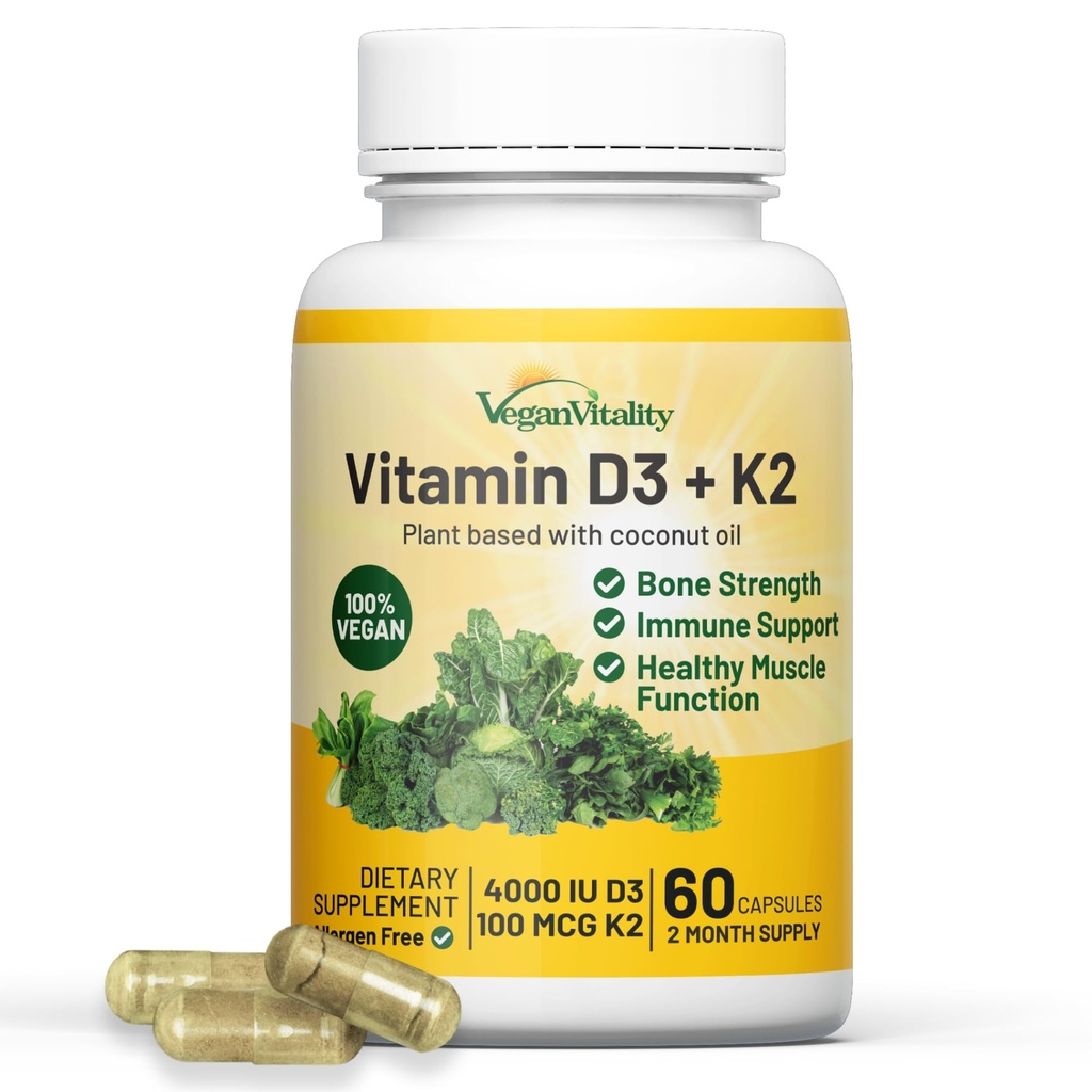 Vegan Vitality 비타민 D3 K2 4000IU (100mcg) 코코넛 오일, 100 % 식물 기반 Vegan 비타민 D Vegan 및 채식 - 60 캡슐