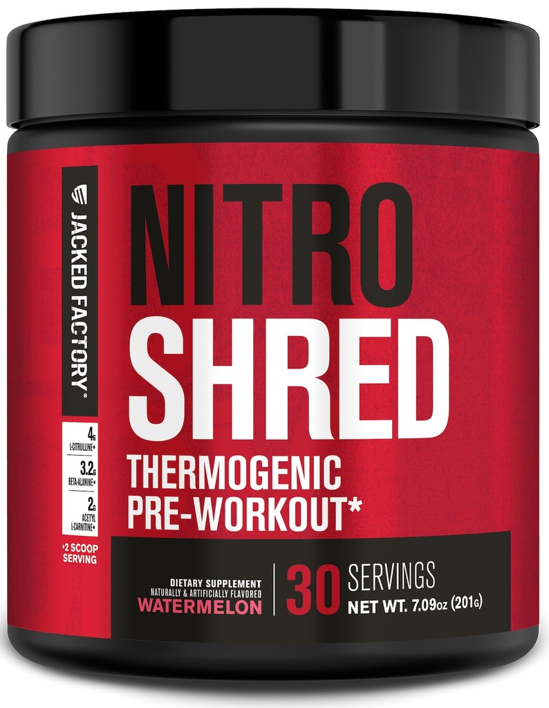 Jacked Factory NITROSURGE Shred Pre 운동 보충교재 - 에너지 부스터, 즉시 힘 이익, 샤프 초점, 강력한 펌프 - Nitric 산화물 부스터 & PreWorkout 분말 - 30Sv, 수박