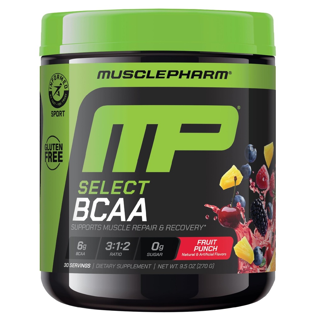 MusclePharm Essentials BCAA 분말, 전 & 포스트 운동 회복 음료, 지원 근육 회복 & 에너지, 정유 아미노산, 30의 봉사, 과일 펀치