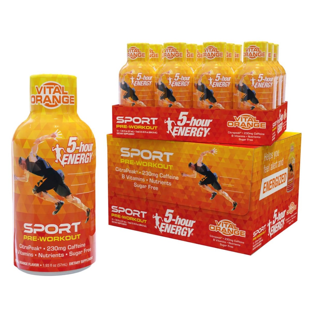 5-Hour Energy Extra Strength Sport Shot with Citrapeak, 바이탈 오렌지 맛, 사전 운동, 24 카운트 (1.93 fl oz)