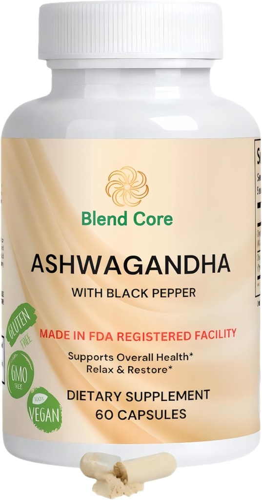 Black Pepper Ashwagandha 보충제가있는 Ashwagandha - Immune Support, Energy Boost - Non-GMO Vegan Friendly Ashwagandha Complex의 60 카운트 Pure Ashwagandha 캡슐
