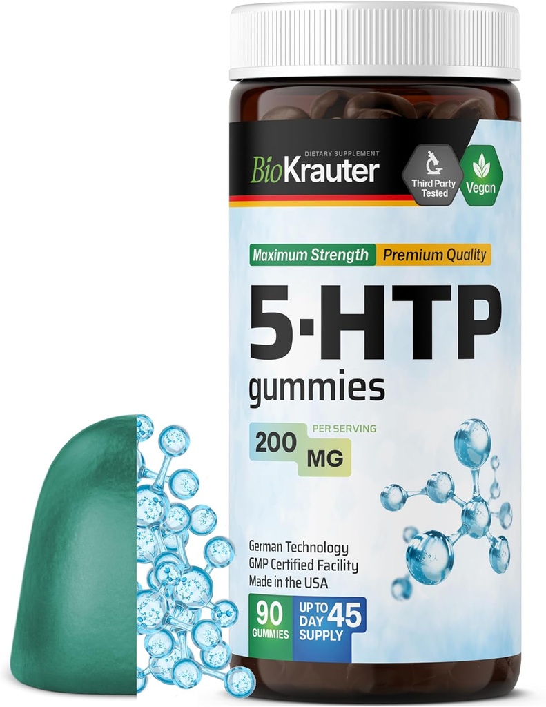 BIO KRAUTER 5 HTP 보충교재 Gummies - 200 mg 힘 - 90 Vegan Chews - L 트립토판 보충교재 플러스 Relaxation 지원 5HTP - Pectin 근거한 공식