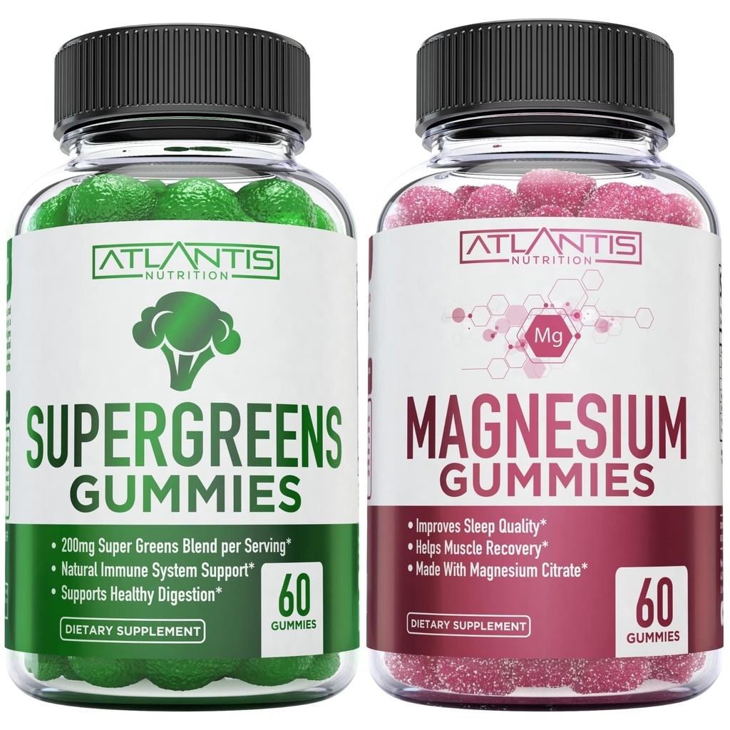 Supergreen & Magnesium Gummies - 마그네슘은 근육 회복, Spinach, Broccoli, Beetroot, Green Tea 및 Immunity Support- 60 Gummies와 맛있는 Supergreens를 지원합니다.