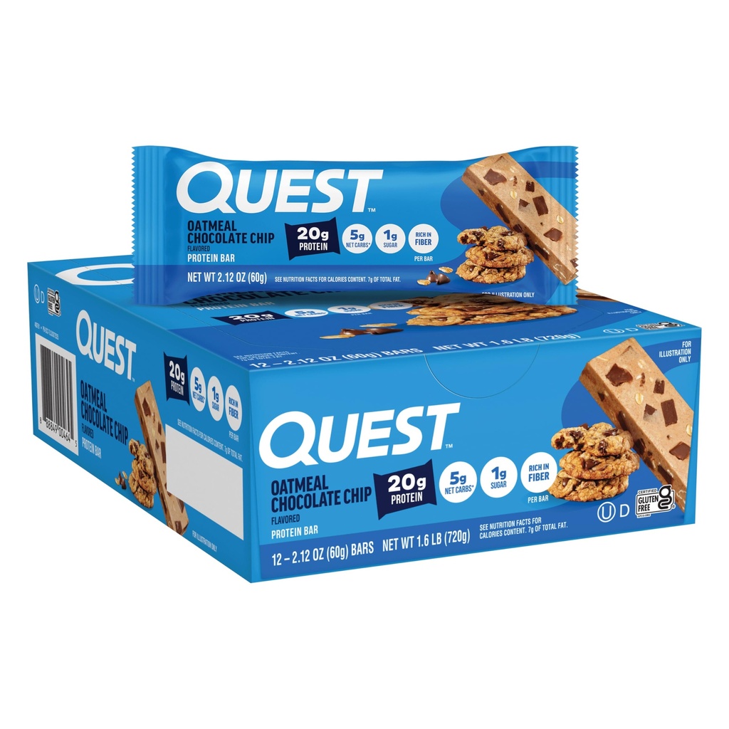 Quest Nutrition Oatmeal Chocolate Chip Protein Bar, 20g Protein, 1g Sugar, 5g Net Carb, Gluten Free, Keto Friendly, 12 카운트
