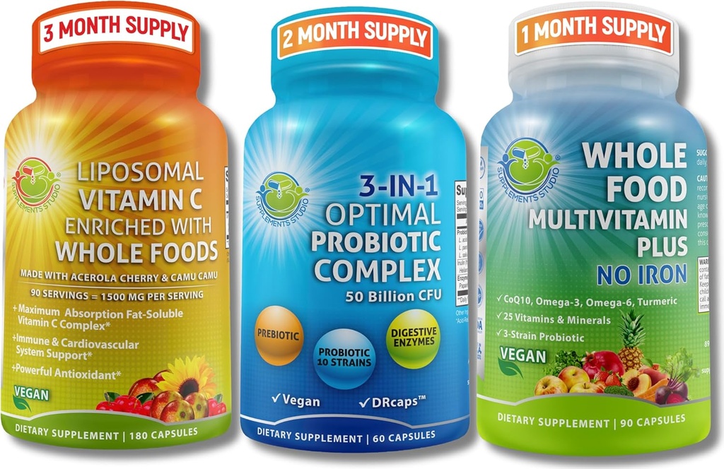 Gut 건강, 면역력, 에너지 및 영양 지원 - 3-in-1 Probiotic with Digestive Enzymes + Liposomal 비타민 C 1500mg + 철없이 전체 식품 다비타민 - Vegan, Non-GMO, Clean Wellness Support