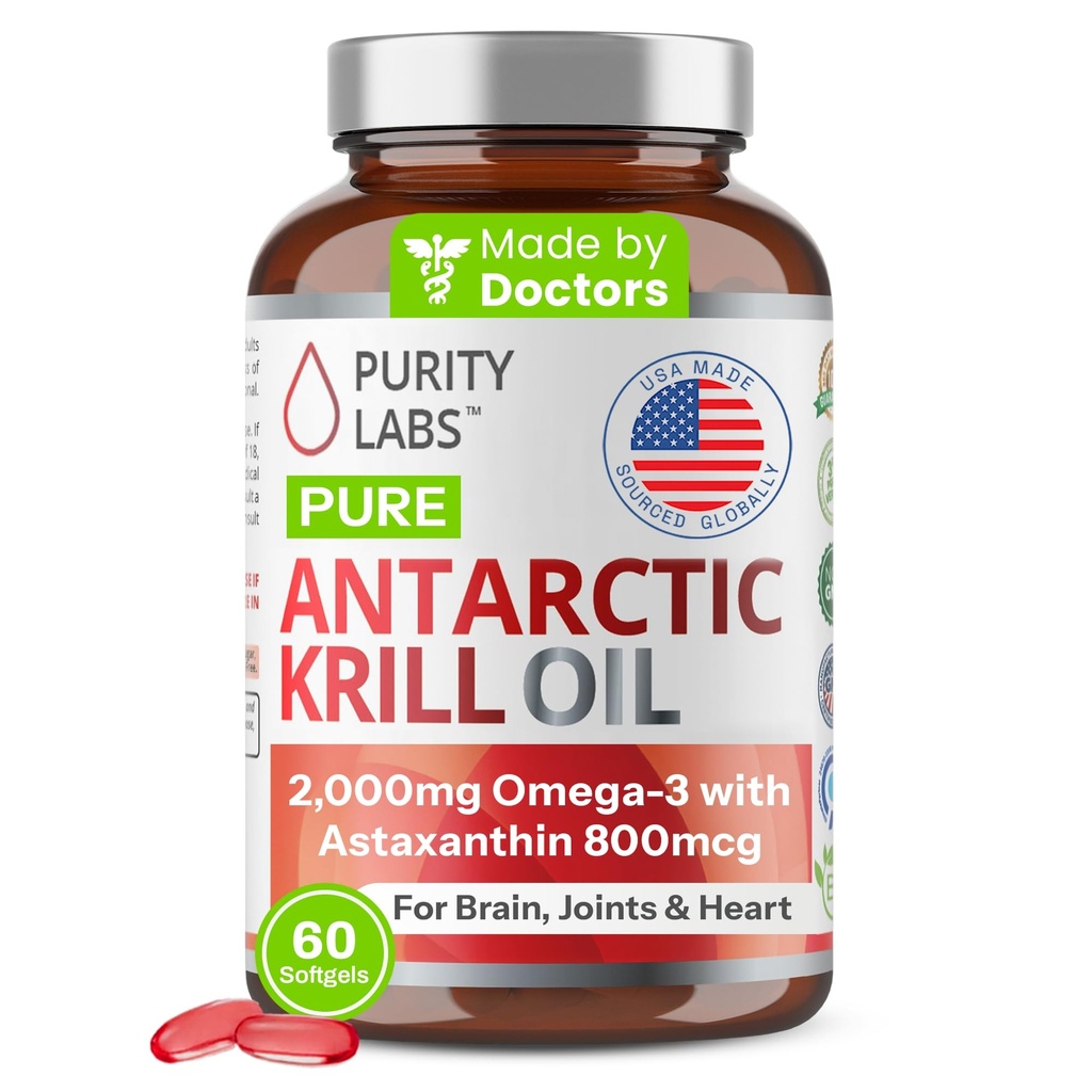 Astaxanthin 800mcg를 가진 순수성 실험실 남극 Krill 기름 2000mg Omega-3는 Omega 3, 지방산, DHA, EPA & Phospholipids - 60 Softgels에 있는 기억 부유한을 지원하기 위하여 보충합니다