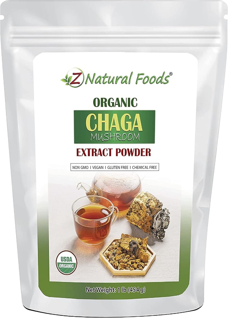 Z Natural Foods Organic Chaga 버섯 추출물 분말, Immune Health 지원을위한 농축 프리미엄 버섯 추출물, 커피 및 차에 추가하여 아침을 Energize, 1 lb
