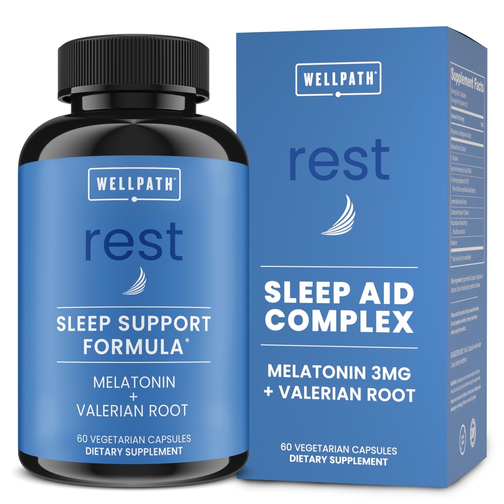 WellPath Rest Valerian Root Sleep Aid for Adults with Melatonin & L-Theanine | 추가 강도가있는 자연 및 초본 자환 | 5HTP, 레몬 발름, 차모마일, 60 Ct