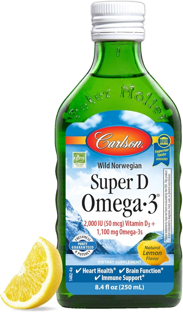 Carlson - 슈퍼 D 오메가-3, 야생 잡은 노르웨이 Arctic Cod Liver 오일, 2000 IU (50 mcg) 비타민 D3, 1100 mg 오메가-3s, 지속 가능한 Sourced 노르딕 생선 기름 액체, 레몬, 250 ml