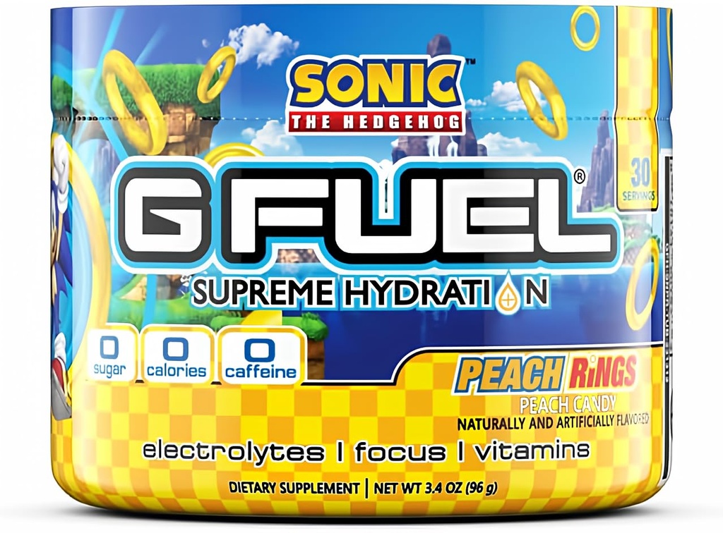G Fuel Sonic's Peach Rings Supreme Hydration, Energy & Focus, Sugar 및 Caffeine Free Supplement for Essential Vitamins & Minerals, Peach Rings flavor, 3.4 oz - 30 서빙