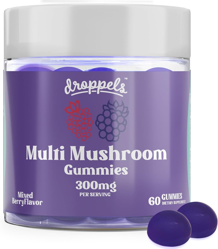 Droppels 멀티 버섯 구미 | Vegan, Pectin-Based & Non-GMO | Maitake, Shiitake, Turkey Tail, Chaga, Reishi & Lion's Mane Supplement | 혼합된 버클 맛, 60 개