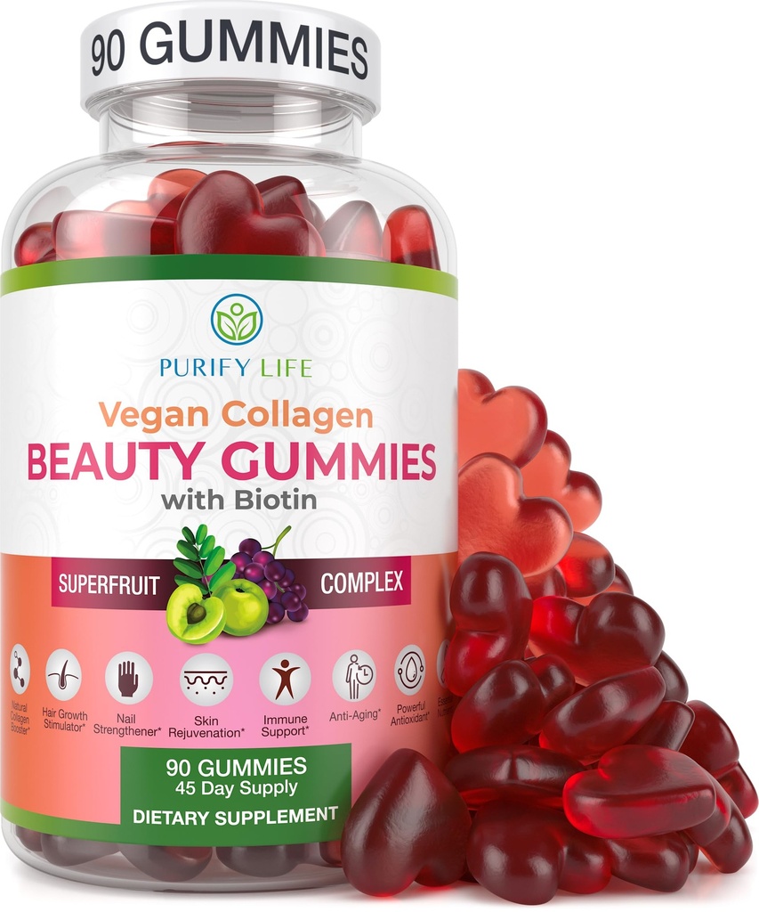 피부와 손톱 건강에 대한 Biotin 비타민과 삶의 채식 콜라겐 Gummies를 정화, (90 Chews) 콜라겐 지원 Superfruit Complex Resveratrol, 비타민 A, E, C - 대체 캡슐, 알약