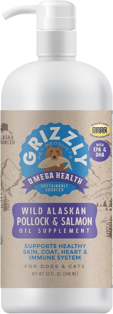 Grizzly 애완 동물 제품 Omega 건강 액체 Omega-3는 개와 고양이, 32 Ounce 병을 보충합니다