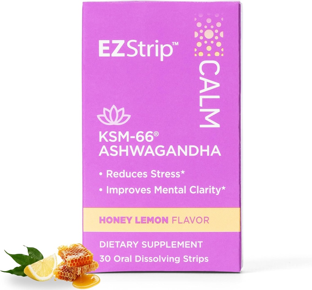 Calm Supplement - 꿀 레몬 맛, 30 카운트 - Ashwagandha KSM 66 도움말 지원 스트레스 완화와 Calming 스트립을 용해 - 미국, 설탕 및 글루텐 무료